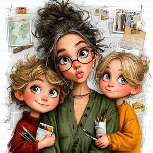 May include: An illustration of a woman and two children, all with large eyes and rosy cheeks. The woman wears glasses and a green shirt, holding pencils. One child holds art supplies, the other a yellow shirt. The background has art and notes.
