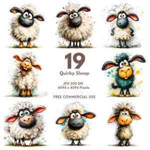 May include: A digital art print featuring nine quirky sheep illustrations. Each sheep has a unique expression and color palette, with fluffy white wool and expressive faces. The image includes the text "19 Quirky Sheep" and details about the image resolution.