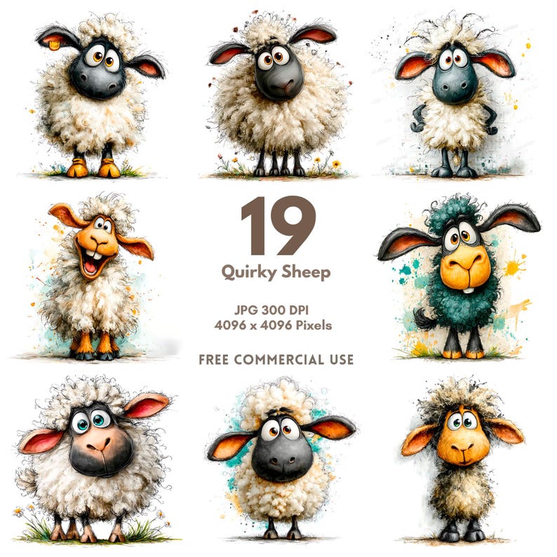 May include: A digital art print featuring nine quirky sheep illustrations. Each sheep has a unique expression and color palette, with fluffy white wool and expressive faces. The image includes the text "19 Quirky Sheep" and details about the image resolution.