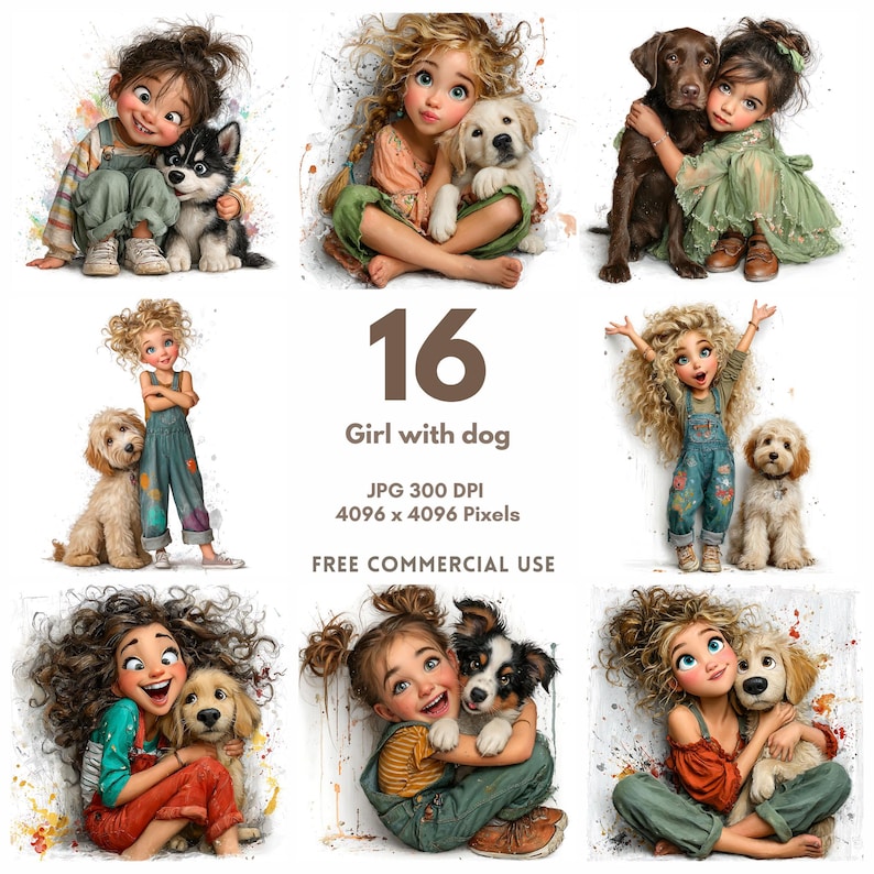 Girl With Dog Clipart: Watercolor Style, Dog Lover Art (JPG Digital ...