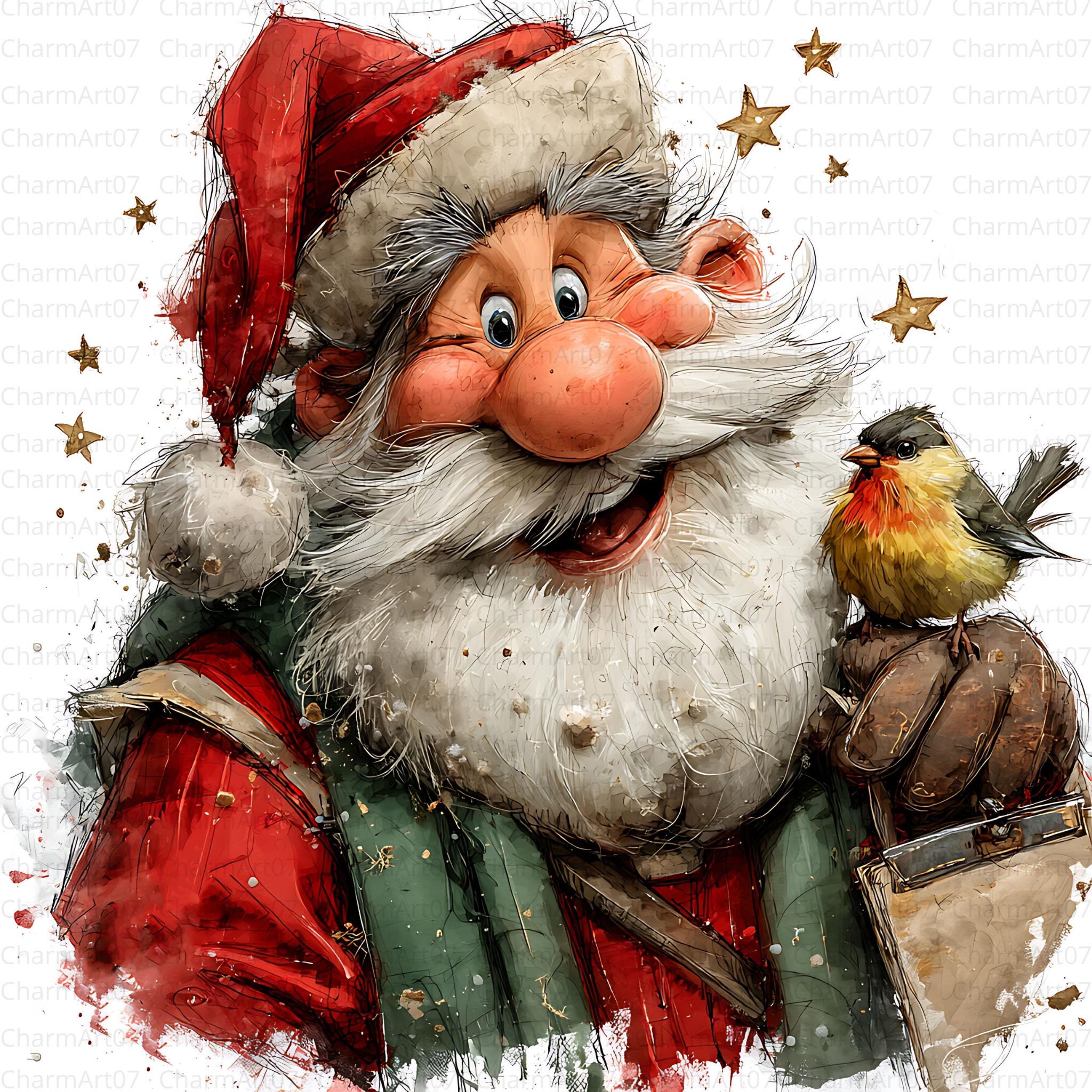 Vintage Santa With Cardinal Clipart Bundle: High-res JPG (digital ...
