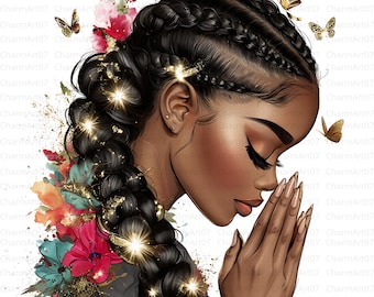 18 Black Girl Praying Clipart, Afro Women in Prayer, Women of Faith, Printable Watercolor, High-Quality JPGs, Paper Craft, Junk Journal