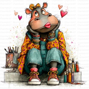 Puede incluir: Una ilustraci&oacute;n caprichosa de un hipop&oacute;tamo artista, con un mono vaquero y una camisa amarilla con lunares. El hipop&oacute;tamo est&aacute; adornado con pulseras y un lazo, con corazones flotando. Zapatillas rojas completan el look, con materiales de arte cerca.
