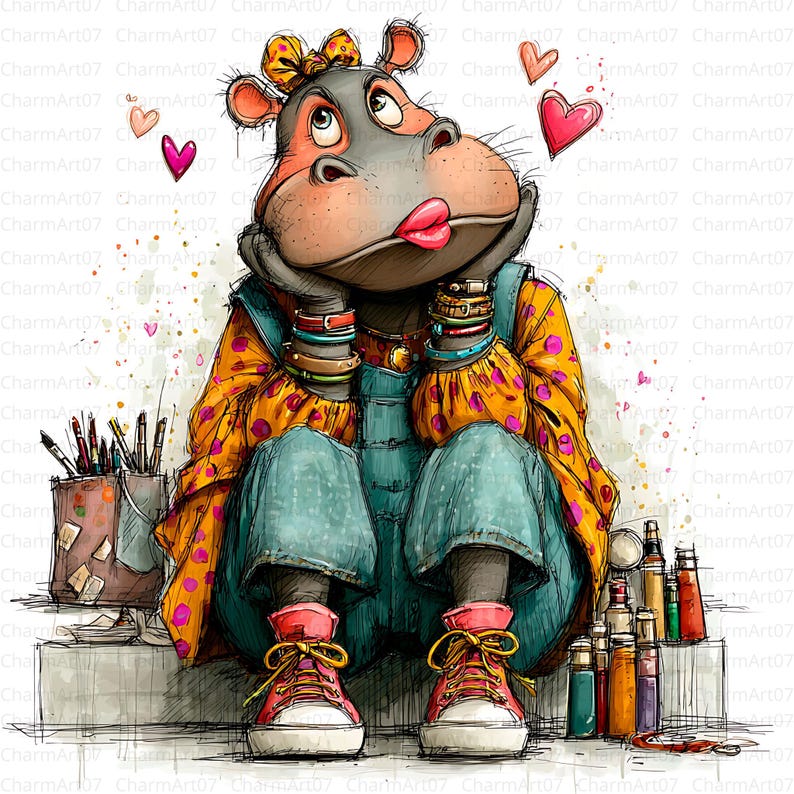 Puede incluir: Una ilustraci&oacute;n caprichosa de un hipop&oacute;tamo artista, con un mono vaquero y una camisa amarilla con lunares. El hipop&oacute;tamo est&aacute; adornado con pulseras y un lazo, con corazones flotando. Zapatillas rojas completan el look, con materiales de arte cerca.