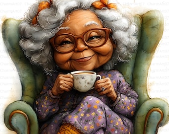Funny Black Grandma Clipart: Watercolor Old Lady Art (JPG Digital Download)