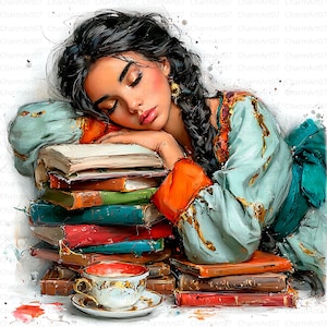 May include: An illustration of a woman asleep on a pile of books. She is dressed in a teal and orange gown, with a long plait. A teacup and saucer are in front of the books. The image has a watercolour effect.