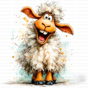May include: A whimsical watercolor illustration of a smiling sheep with a wide open mouth. The sheep has fluffy white wool, orange ears, and orange legs. The background features colorful paint splatters.