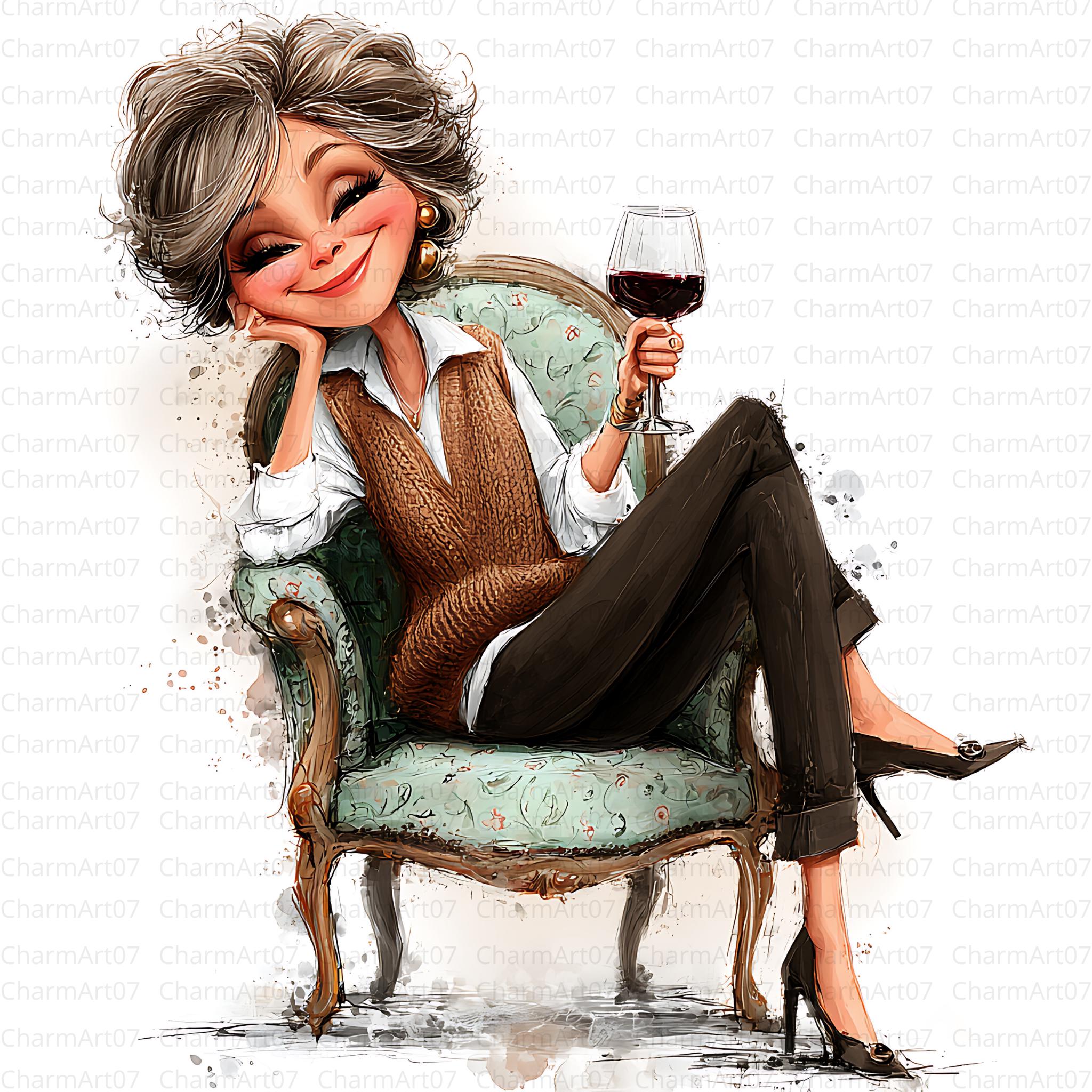 Lady With Wine Clipart Bundle , Grandma Cherries and Wine Digital Jpgs ...