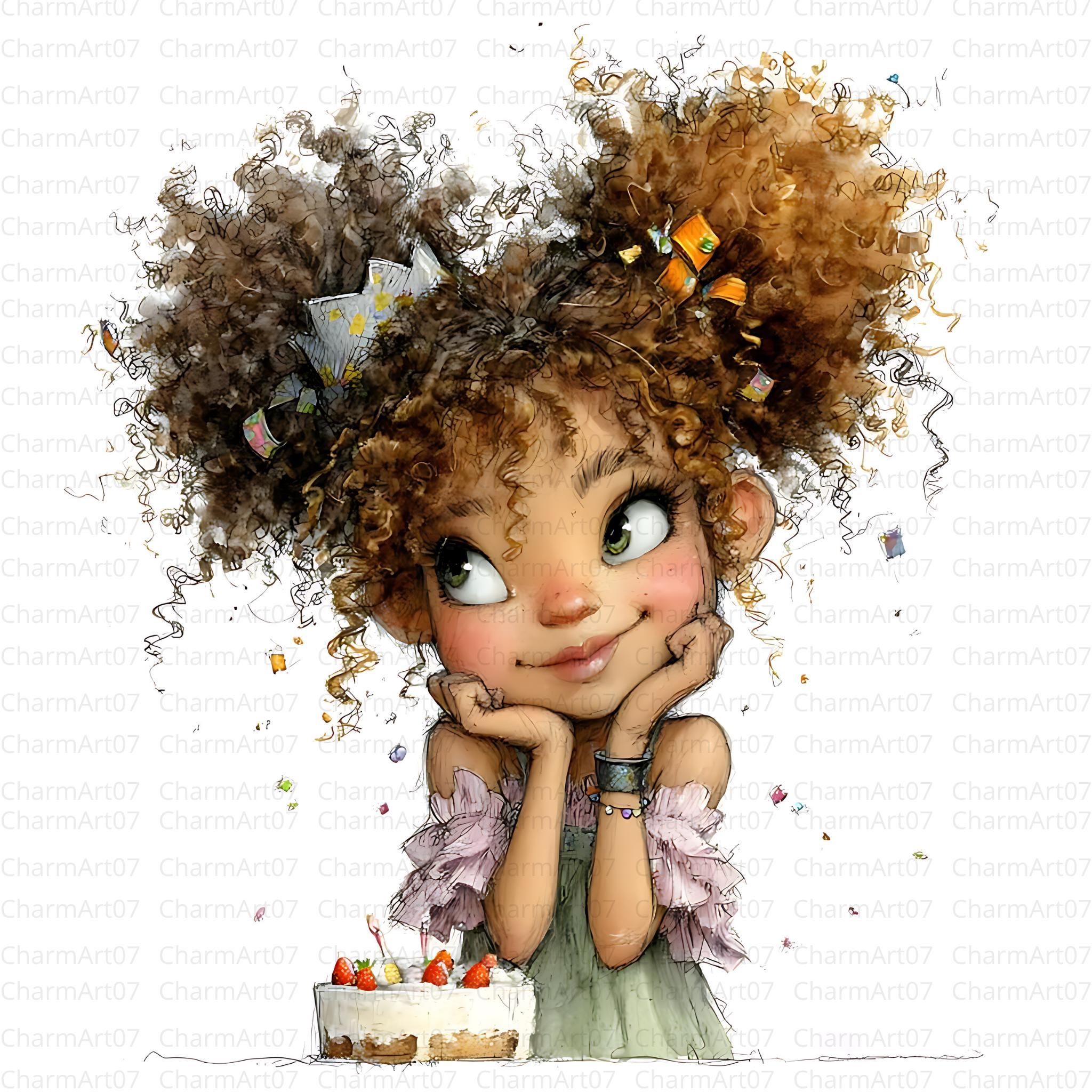 20 Quirky Birthday Black Girl Clipart, Birthday Cake, African Black Girl, Printable Watercolor, High-Quality JPGs, Junk Journal, Paper Craft