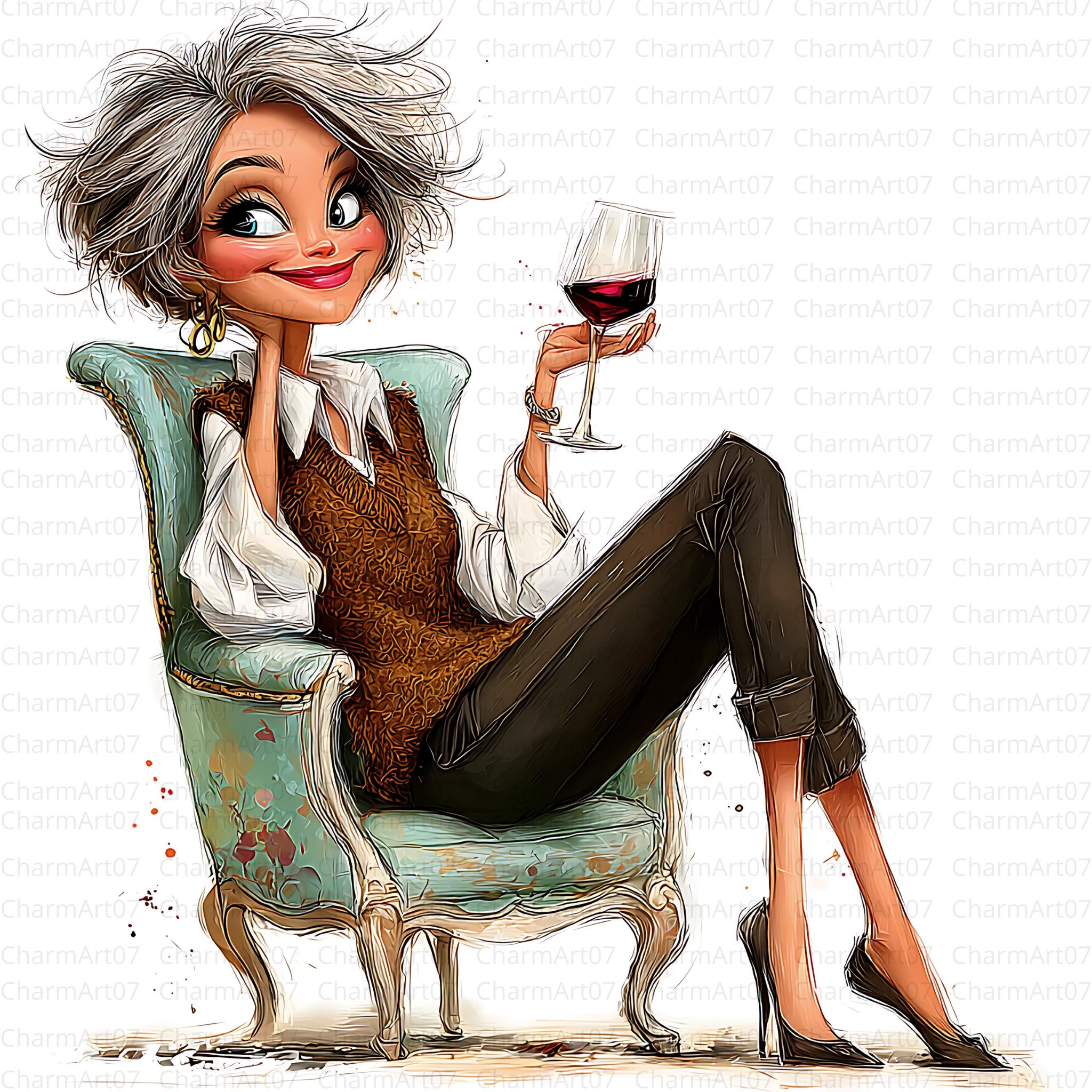 Lady With Wine Clipart Bundle , Grandma Cherries and Wine Digital Jpgs ...