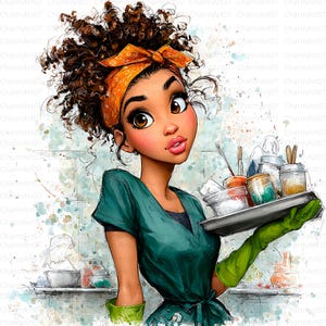 May include: Illustration of a woman with curly brown hair wearing a green uniform and an orange headscarf. She is holding a tray with jars and containers. The background has a watercolor effect with soft colors.