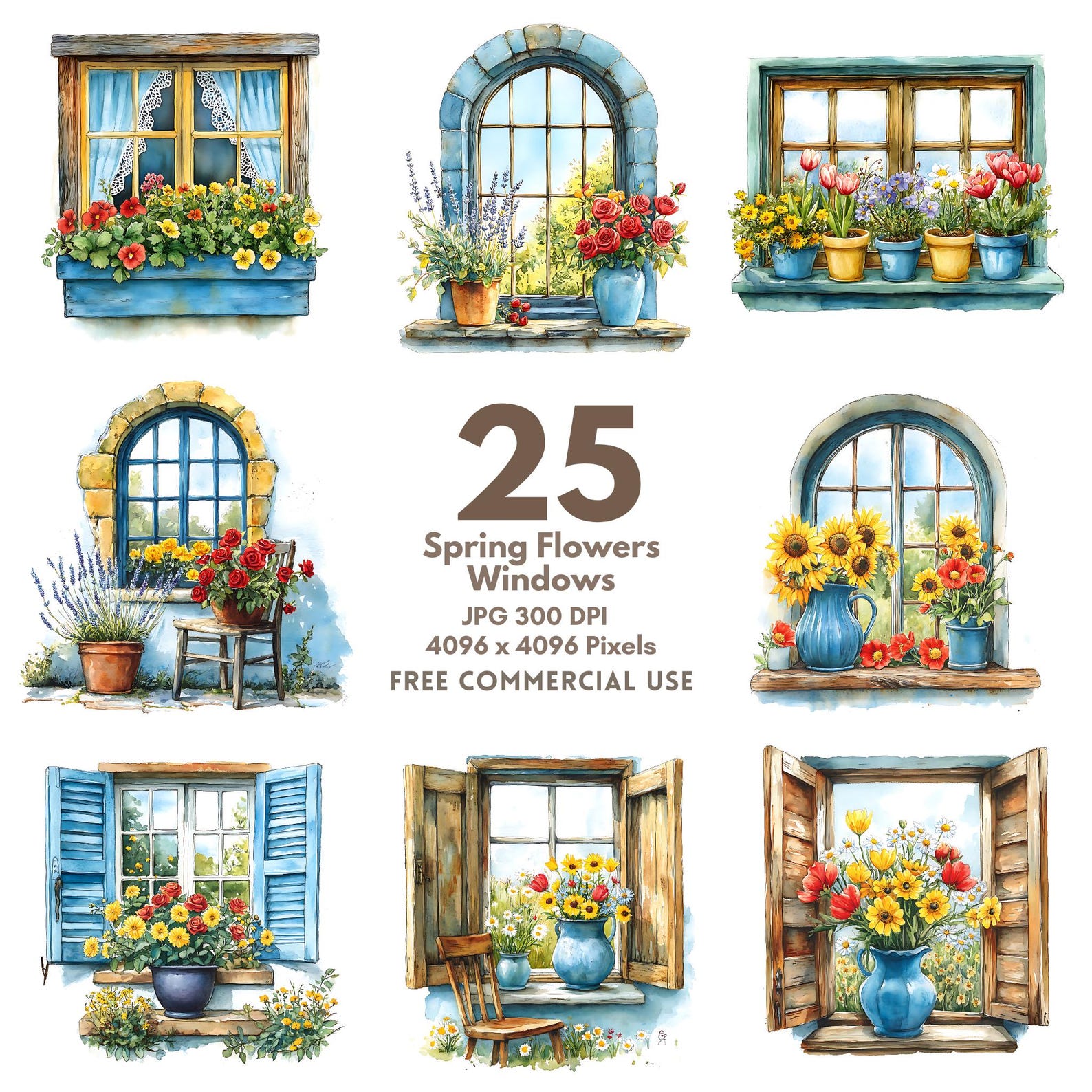 25 Spring Flowers Windows Clipart, Flowerpots, Printable Watercolor ...