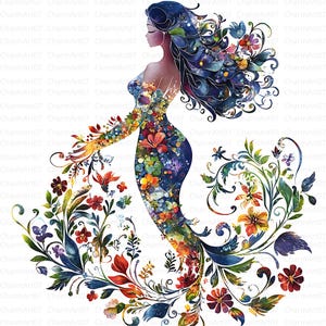 15 clipart de sereia floral, JPGs de alta qualidade, download digital de sereia vintage, clipart de aquarela, artesanato em papel digital, diário de sucata