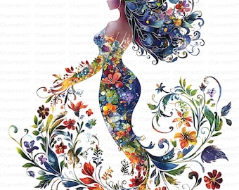 Floral Mermaid Watercolor Clipart: Junk Journal Art (Digital Download)