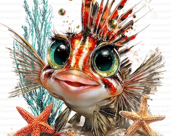 15 imágenes prediseñadas de peces de dibujos animados, peces de acuarela, peces arcoíris de fantasía, lindos animales del océano, JPG de alta calidad, sublimación para decoración de fiestas infantiles.