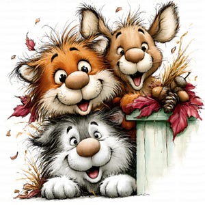Puede incluir: Una ilustración digital que presenta tres animales de dibujos animados con pelaje esponjoso en tonos naranja, marrón y gris. Los animales tienen ojos grandes, narices redondas y sonrisas amplias, rodeados de hojas de otoño rojas.