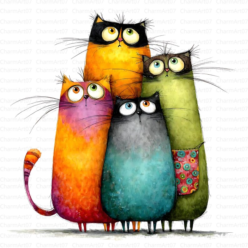 May include: A whimsical illustration of five stylized cats with large eyes and elongated bodies. The cats are in various colors, including orange, purple, green, blue, and gray. One cat has a striped tail, and another has a patterned pocket.