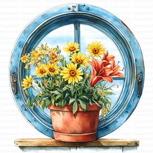 25 Spring Flowers Windows Clipart, Flowerpots, Printable Watercolor ...