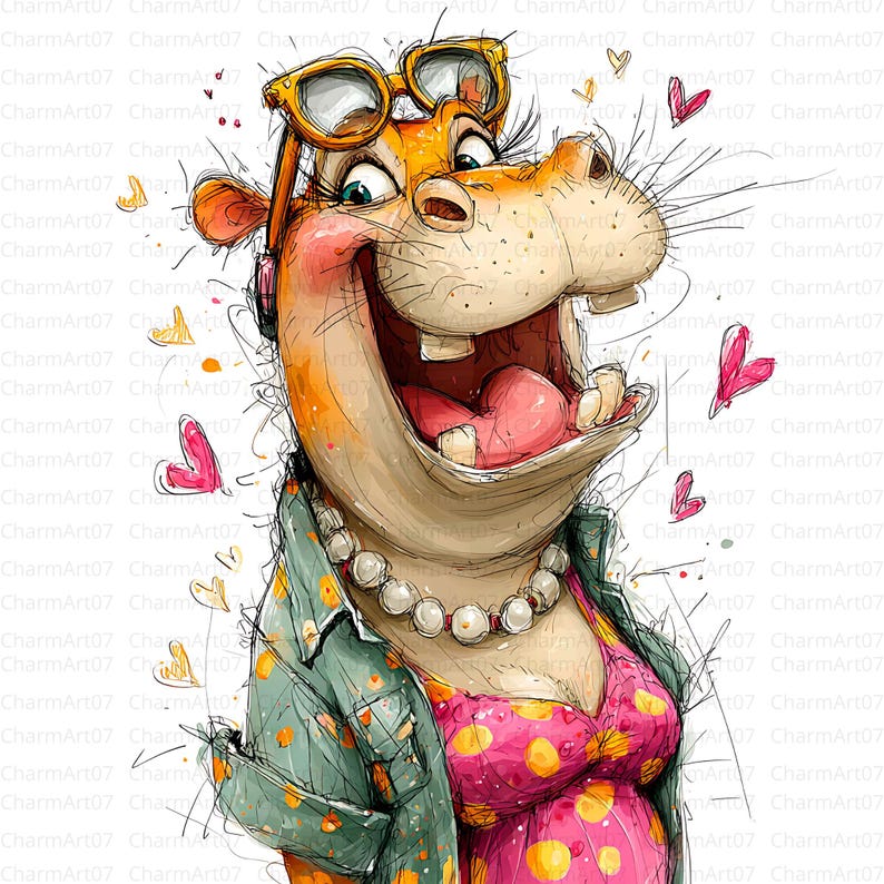 Puede incluir: Ilustraci&oacute;n caprichosa de un hipop&oacute;tamo sonriente con gafas de sol, un collar de perlas y un vestido rosa con lunares amarillos. El hipop&oacute;tamo tiene una chaqueta verde y est&aacute; rodeado de acentos en forma de coraz&oacute;n. La obra es de estilo acuarela.