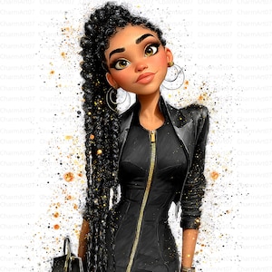 May include: Digital illustration of a stylish woman with long, braided black hair and gold hoop earrings. She wears a black leather jacket with a gold zipper and a matching dress. She holds a black handbag. The background has gold and white paint splatters.