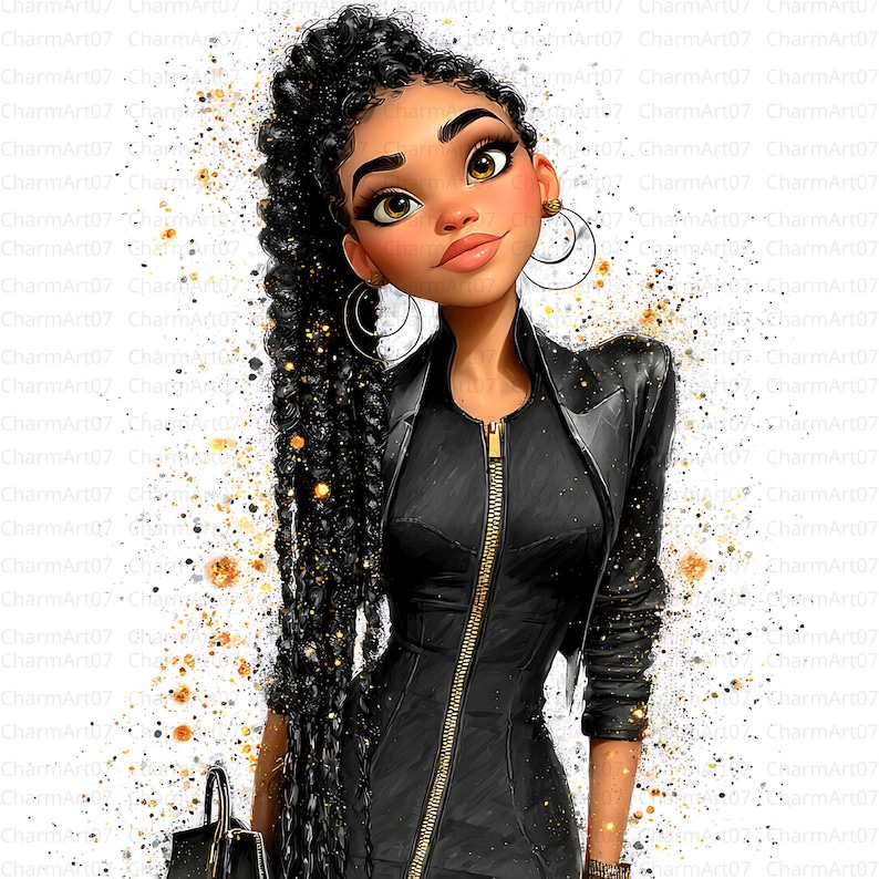 May include: Digital illustration of a stylish woman with long, braided black hair and gold hoop earrings. She wears a black leather jacket with a gold zipper and a matching dress. She holds a black handbag. The background has gold and white paint splatters.
