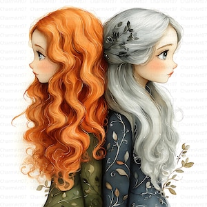 22 Zwei Schwestern umarmen JPGs Clipart, süße Mädchen Illustration, Scrapbook, Handwerk, digitaler Download, Fantasy, wunderlich, Junk Journaling