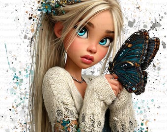 Niña con mariposa (Imagen prediseñada, acuarela, diario basura, descarga digital JPG)