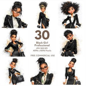 May include: Digital art featuring nine illustrations of Black women in professional attire. The women are depicted in various poses, wearing blazers, dresses, and carrying handbags. The image includes the text "30 Black Girl Professional" and other details.