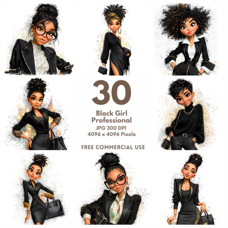 May include: Digital art featuring nine illustrations of Black women in professional attire. The women are depicted in various poses, wearing blazers, dresses, and carrying handbags. The image includes the text "30 Black Girl Professional" and other details.
