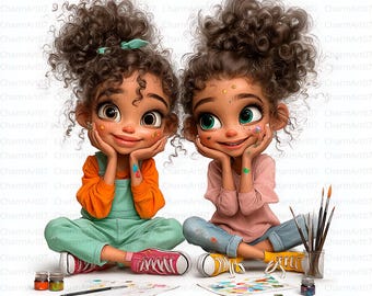 Paquete de imágenes prediseñadas de acuarela de niñas africanas, artículos para manualidades (JPG)