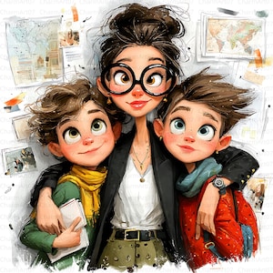May include: An illustration of a woman with two children, all smiling. The woman wears large black glasses, a black blazer, and a necklace. The children are wearing scarves and holding a book. The background includes maps and photos.
