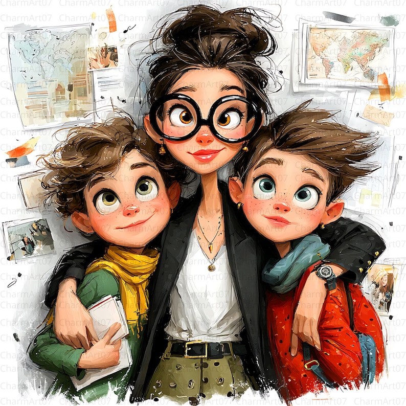 May include: An illustration of a woman with two children, all smiling. The woman wears large black glasses, a black blazer, and a necklace. The children are wearing scarves and holding a book. The background includes maps and photos.