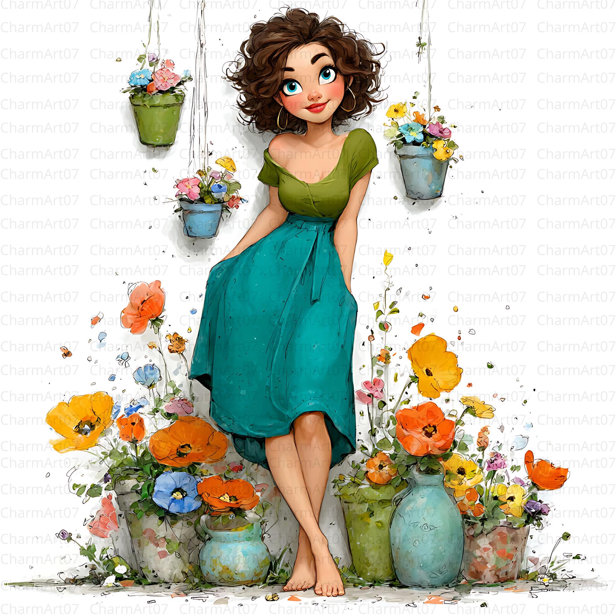 Floral Girl Garden Watercolor Clipart Bundle: Spring Art (digital ...