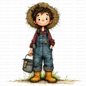Farmer Boy Watercolor Clipart, Rustic Farm Art (JPG Digital Download)