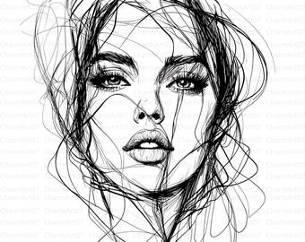 Clipart de arte lineal de rostro de mujer: estilo acuarela (descarga digital)