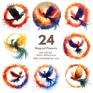 Magical Phoenix aquarel PNG-set, mythische Phoenix 24 clipartbundel, Phoenix-sublimatieontwerpen, commercieel gebruik, Phoenix-kunstcollectie