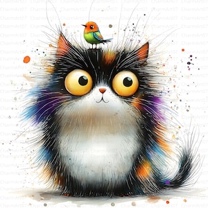 28 Frazzled Cat with Bird Clip Art, High Res Watercolor JPG, Scrapbook, Card Making, Digital Download Kit, Quirky Cat Clipart,  Junk Journal