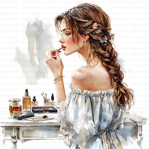 12 Frau, die Make-up anzieht, Clipart, Make-up-Clipart, druckbare Aquarell Clipart, hochwertige JPG, digitaler Download, Papiermodell, Journals