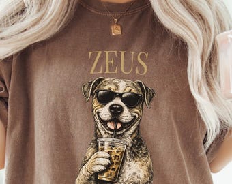 Funny Dog Drinking Iced Coffee Shirt, Personalized Pit Bull Dog Tee, Vintage Aesthetic Dog Lover Comfort Colors Gift Shirt