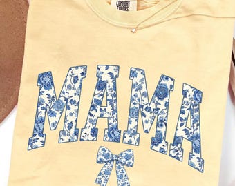 Comfort Colors Mama Shirt, Blue Toile Floral Coquette Tee, Mother's Day Gift for Mom, Trendy Mama Shirt, New Mom Gift, Cute Mom Tee