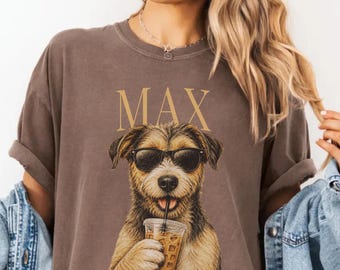 Funny Dog Drinking Iced Coffee Shirt, Personalized Mixed Breed Dog Tee, Vintage Aesthetic Dog Lover Comfort Colors Gift Shirt