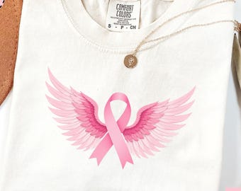 Comfort Colors® Pink Ribbon Wings Shirt, Breast Cancer Awareness Tee, Cancer Fighter Gift, Survivor Support T-Shirt, Pink Ribbon Tee