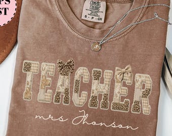 Personalized Teacher Shirt, Custom Teacher Name Tee, Faux Patchwork Leopard Bow Shirt, Comfort Colors Teacher Gift, Back To School