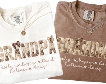Custom Grandma Grandpa Matching Shirts, Personalized Leopard Faux Patchwork Comfort Colors®, Grandparents Gift with Grandkids Names