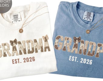 Custom Grandma Grandpa Matching Shirts, Grandparents Est. 2026 Comfort Colors®, Leopard Patchwork Pregnancy Announcement Gift Set