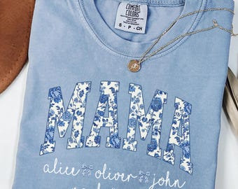 Personalized Mama Shirt with Kids Names, Comfort Colors Blue Toile Floral Tee, Custom Coquette Mom Shirt, Mother's Day Gift for Mom