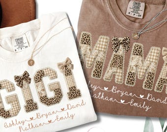 Personalized Gigi Faux Patchwork Leopard Shirt with Grandkids, Comfort Colors Grandma Coquette Bow Tee, Custom Mimi Tee, Gift Mothers Day