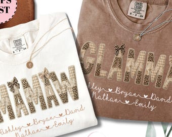 Personalized Glamma Faux Patchwork Leopard Shirt with Grandkids, Comfort Colors Grandma Coquette Bow Tee, Custom Mimi Tee, Gift Mothers Day