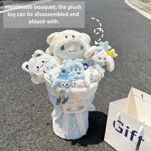 Bouquet en peluche Cinnamoroll - Composition florale en peluche lapin Sanrio, joli cadeau de peluche pour anniversaire, Saint-Valentin, anniversaire de mariage, collectionneur