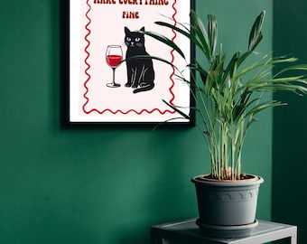 Grappige zwarte kat en wijnkunstprint, cadeau kattenliefhebber (digitale download)